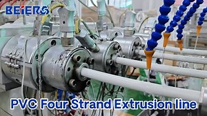 The PVC four strand pipe extrusion line is used for manufacturing pipes for various applications such as agricultural and constructional plumbing, water conveyance under pressure, sewerage and drainage piping systems, cable laying, and electrical and telecommunications engineering pipelines. For any interest: https://en.beierpm.com/ or DM 📩 #extrusionline #plasticextrusion #plasticextrusionline #plastic #pvcpipe #pvcpipeextrusionline #waterpipe | BEIER Machinery