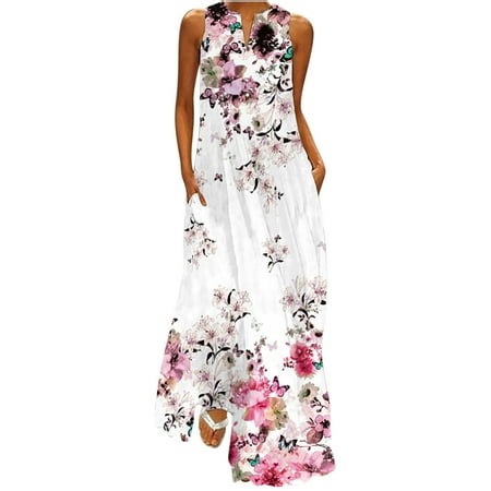 Leutsin Women's Casual Long Dress With Striped Floral Print Sleeveless Maxi Dress - Walmart.ca