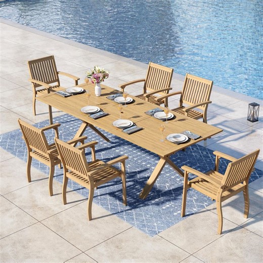 Check The Home Depot's Q&A Before Buying: PHI VILLA Brown 7-Piece Outdoor Patio Dining Set with Acacia Wood Rectangular Extendable Table and Wood Chairs