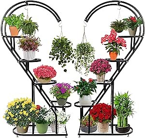 5-Tier Metal Plant Display Rack - Heart-Shaped Ladder Stand with Hanging Hooks - Black (2 Packs) Indoor/Outdoor