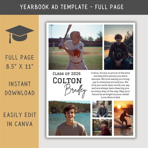 High School Senior Yearbook Ad Template, Editable Full Page Yearbook Ad Layout, Graduation Tribute, Personalized Photo Collage School Ad - Etsy