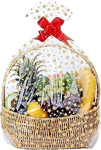 12Pcs 20X30 inch Gold Star Printed Clear Cellophane Gift Wrap Bags Basket Wrapping Plastic Large Cello Bags for Party Favors Treats Mug with 5" Twist Ties