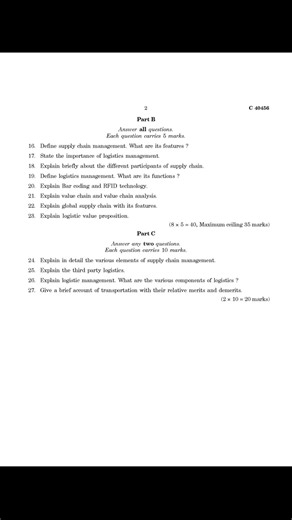 CALICUT UNIVERSITY BBA 6TH SEMESTER SUPPLY CHAIN AND LOGISTICS MANAGEMENT QUESTION PAPER 2023