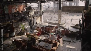 Business insurance building destroyed interior destruction restaurant hall. Insurance property damage building destruction city destroyed Kyiv 2022 Ukraine war torn. Consequences explosion building