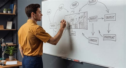 Man drawing flowchart on whiteboard explaining business strategy