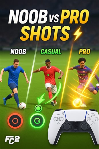 Noob vs Casual vs Pro Shooting in FC 26! 🎯🔥 Which level are YOU? 😱⚽ There’s a HUGE difference between how players shoot! 💯 Let’s break it down! 🔥👇 Noob Level: Basic Circle Shot 😅⚽ Just holding Circle and hoping! 🎮Goalkeepers save it EASILY! 🧤💤 Power without accuracy = wasted chances! 🚫 Casual Level: Finesse Shot (R1 Circle) 🎯✨ Better curve and placement! Finesse shots work in some situations! ✅ But defenders can still block it! 🛑 Not consistent enough for ELITE gameplay! 📊 Pro Leve