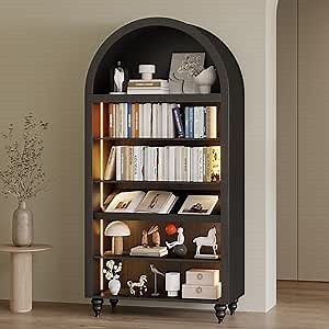 LED Arched Bookshelf, 35.4" W x 71" H Tall Arch Bookcase with 6-Tier Open Shelves & USB/Type-C Ports, Modern Book Shelf, Wood Storage Display Cabinet for Living Room, Office (Black)