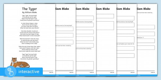 Interactive PDF: UKS2 'The Tyger' by William Blake Interactive Poetry Reading Comprehension Activity