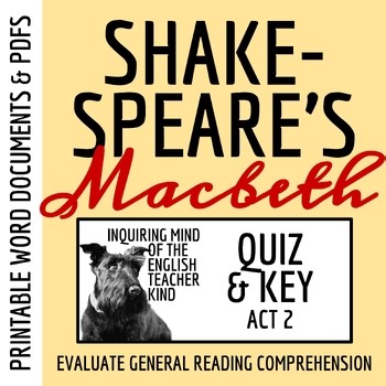 Macbeth Act 2 Quiz and Answer Key | Shakespeare Assessment | Reading Worksheet