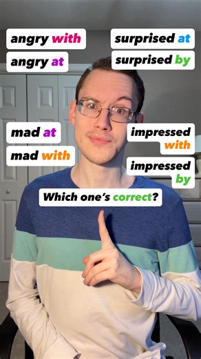 Tim | English Teacher 🇺🇸 on Instagram: "In English, do we say that we’re angry WITH someone, or angry AT someone? And are we disappointed IN someone or WITH someone? Deciding which preposition to use in the moment can be quite tricky if you’re not sure what sounds natural and what doesn’t, but this is exactly what I explain in today’s video and below! 🔸angry = when talking about a person, we can say that we’re angry AT them or angry WITH them. Angry AT is more common in the U.S., while angry 