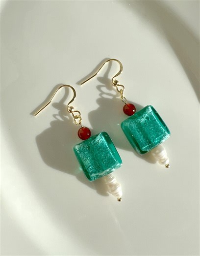 Lampwork Silver Foil Glass Freshwater Pearl Gemstone Earrings - Etsy