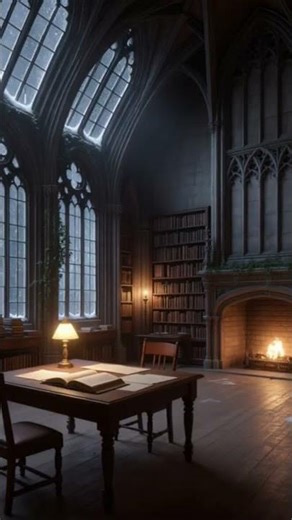 A crackling fireplace illuminates a cozy winter castle library✨ #studywithme #relax #cozynights
