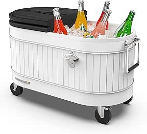 Permasteel Rolling Patio Cooler – Large Outdoor Ice Chest with Wheels, Beverage Cooler for Backyard, BBQ, Tailgate, Beach, Parties, Rustic Farmhouse Design