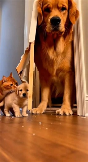The cat was smacking the puppy until the big dog showed up! #funnyvideo #funny #animals #cat #dog