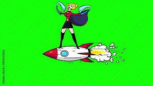Cartoon businesswoman rocket to the superheroine greenbox stable. Strong character transformation. She feels the power. She is very proud of herself. Everyone can be a hero. Success.