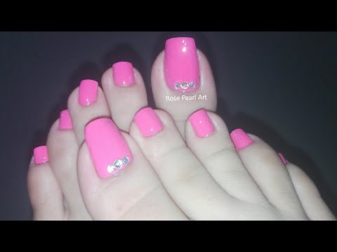 Cute Pink Pedicure with Crystals- Toe Nail Art Tutorial | Rose Pearl