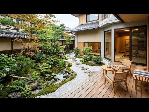 Japanese Garden Patio With Traditional House, Stone Path, Pond and Tea Seating Overlooking Zen Court