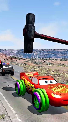 Big & Small McQueen Colorful Cars vs Giant Hammer - BeamNG.Drive