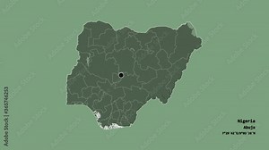 Abia, state of Nigeria, with its capital, localized, outlined and zoomed with informative overlays on a administrative map in the Stereographic projection. Animation 3D