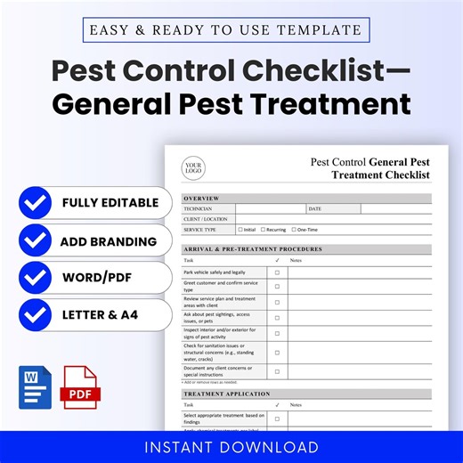 Pest Control General Pest Treatment Checklist Template - Word & PDF, A4   US Letter - Etsy Australia