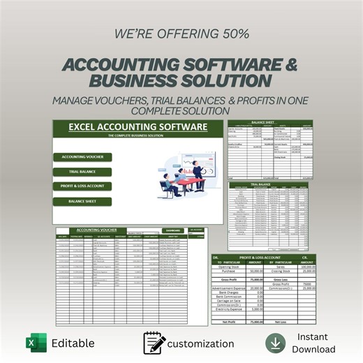 Excel Accounting Software Template | Business Financial Management - Profit & Loss - Trial Balance Spreadsheet - Voucher Tracker Sheet - Etsy