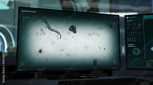 Microscopic biological analysis of a worm parasite organism. Microscopic study of the worm parasite cell movement for scientific research. Microscopic inspection of the virus worm parasite. Interface.