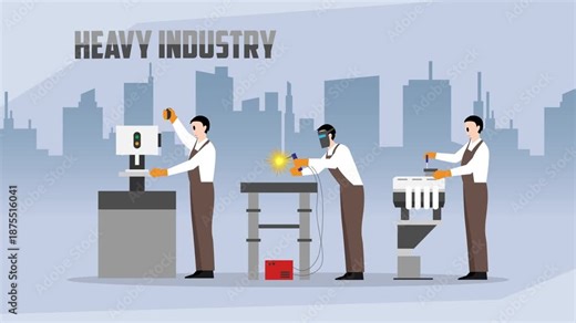 Heavy Industry Manufacturing Workers Operating Machinery and Welding in Factory cartoon animation