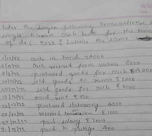 Enter the following transactions in a single column cash book f... | Filo