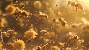 A swarm of bees flying in the air. The bees are in various positions and sizes, and they are all moving in different directions. The scene is chaotic and busy, with the bees filling the entire frame