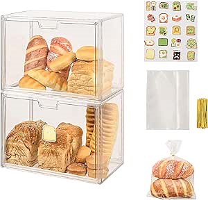 2 Pack Large Bread Box for Countertop, Stackable Layer Storage Container, Clear Bread Boxes for Kitchen Counter, Multi-Functional Storage Boxes for Bread, Vegetables, Fruits, etc.