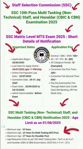 SSC0th Pass Multi Tasking (Non-Technical) Staff, and Havaldar (CBIC & CBN)Examination 2025