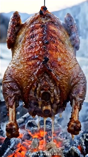 Roasted chicken sizzling over an open fire by the riverside.