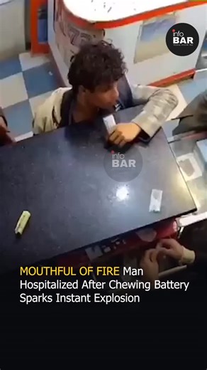 infoBAR | Breaking. Accurate. Real on Instagram: "A bizarre incident unfolded at a local shop in India when a man suffered serious injuries after biting into a battery while waiting inside the premises. According to eyewitnesses, the battery exploded the moment he chewed on it, triggering flames inside his mouth and causing panic among those present. The sudden flash of fire left onlookers shocked as the situation escalated into a medical emergency within seconds. While no clear reason has emerg