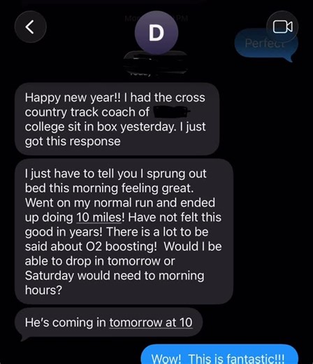 O₂ Box Midwest on Instagram: "Getting these messages never gets old! Sent to us from one of our O2 Boxes providers 👏👏👏 This college coach’s experience with O2 Box mild hyperbaric oxygen therapy had them feeling their best in years! #crosscountryrunning #trackcoach #postrun #collegeathlete #hbot"