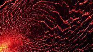 Aerial panoramic footage of Floating Lava in Stream. Drone Footage, Lava is Spreading Out of Crater.