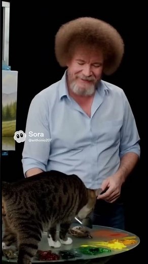 Bob Ross paints a velociraptor sneaking up on a cow.