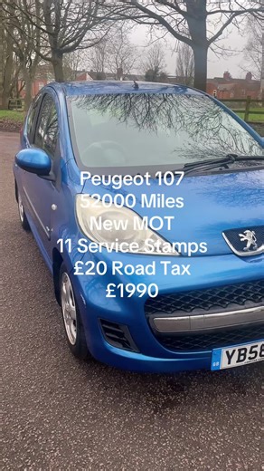 Two previous owners on this Peugeot 107 1 L in blue with black cloth interior low road tax just been MOT’d and serviced also comes with 11 service stamps in the book car drives absolutely spot-on, comes with front electric windows power steering air-conditioning AM FM radio, Alloy wheels and has 2 keys. comes with six months warranty by Handler Protect call Laverton to arrange a test drive #peugeot #everyone #fyp #forsale #first