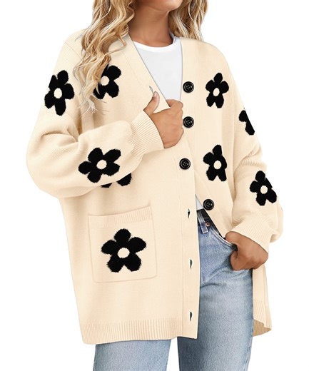 CASSIE LIZ Plus Size Sweaters 3X Fall Cardigans for Women Fashion White Floral Open Front Cardigans Casual Womens Winter Long Sleeve Lightweight Knit Holiday Sweaters with Pocket 3XL 22W-24W