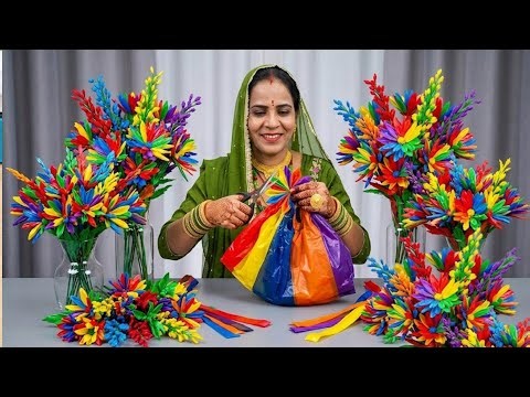 💯How to make flowers From Shoping bag /Old clothes reuse ieda at home/bag flower mankig at home..
