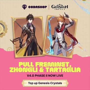 Enjoying Fontaine so far? 🌊 Phase II is here with new 4-star character Freminet and rerun characters Zhongli and Tartaglia! ⭐️ Better not miss the Mega Meka Melee event until Sep 11, too! 💎 Top up now ➡️ www.coda.shop/3OXStBy #GenshinImpact #Codashop | Codashop