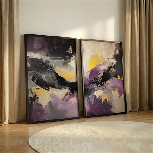 Set of 2 Black Purple and Yellow Art Prints, Expressive Abstract Living Room Poster, Dramatic Moody Abstract Wall Art, Instant Download - Etsy