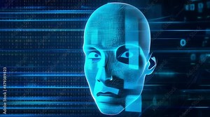 Futuristic digital human profile with data and binary code, representing artificial intelligence and technology advancements.