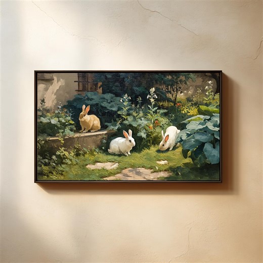 Easter Rabbit Frame TV Art | Vintage Style Wildflower Field Painting | Neutral Spring Floral TV Art | Dark Easter Bunny Screensaver | - Etsy