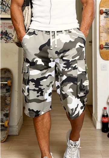 The camouflage pattern screams urban swagger,oversized cargo pockets and a drawstring waist add both functionality and street-style flair.#cargoshorts #camoshorts #ootdmen #streetwear #casualstyle
