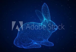 Rabbit wire-frame polygonal line model. Bunny in motion, lines and points connected to form.