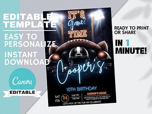 Football Night Birthday Invitation, American Football Theme, Neon Sport Party Teen Boys Editable Canva, Instant Digital Download - Etsy