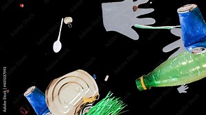 Domestic waste environmental pollution concept. Separate collection and recycling of waste plastic, bags, glass, metal, paper. Set of animation on black background
