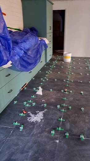 🏚🟫⚒️ Porcelain (slate-look) tiles chosen for our open kitchen, dining, and living room to blend with the existing 1851 built cottage. Work in progress (50%) #tiles #tiling #homeimprovement #renovation #project | Ash Almunsiri