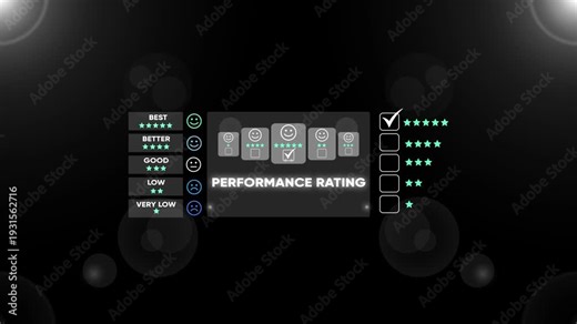Performance rating scale with smiley faces and star ratings on a black background with bokeh lights