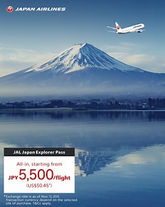 Explore over 30 destinations in Japan with ​fixed-rate domestic air fares - JAL Japan Explorer Pass. ​Fare per domestic flight is as low as JPY5,500 (USD50.56*). Enjoy a smooth travel experience with free inflight Wi-Fi and comfortable cabins. *The exchange rate is as of November 20, 2019. | Japan Airlines